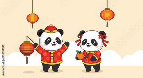 Pair of cute panda characters dressed in traditional Chinese red outfits celebrating Lunar New Year with a lantern and orange.