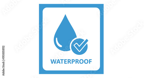 Waterproof symbol featuring a droplet and checkmark within a blue square frame