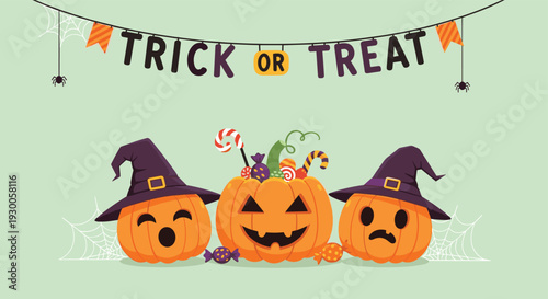 Three funny Halloween pumpkins wearing witch hats and filled with candies under a trick or treat banner on light green background.