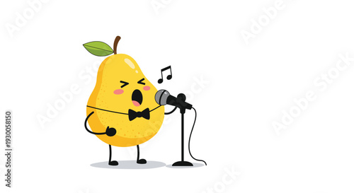 Funny yellow pear character singing with passion into a microphone on a stand for music, talent and healthy food concepts for kids.