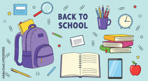 Back to school themed illustration with backpack, books, pencils, tablet, clock and stationery items on light blue background.
