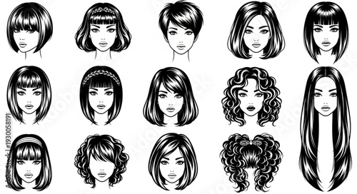 Collection of diverse female hairstyles and faces in sketch style.