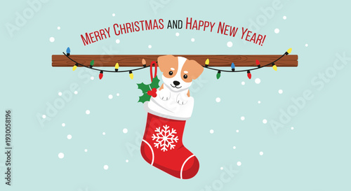 Cute little puppy peeking out from a red Christmas stocking hanging on a wooden beam with colorful holiday lights and snowflakes.
