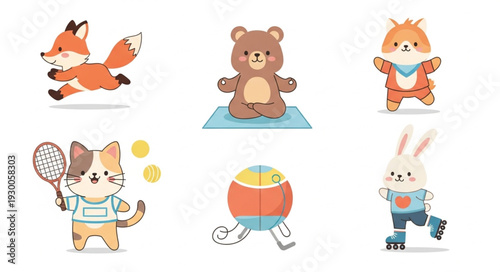 Cute cartoon animals engaged in various sports and activities.