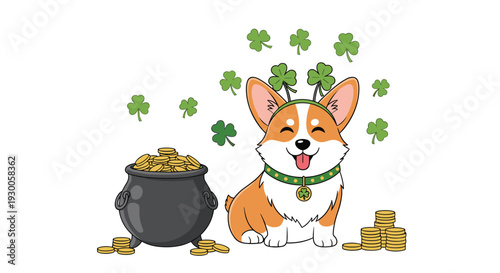 Cute corgi puppy wearing a shamrock headband sits near a black pot filled with golden coins for St Patricks Day celebration.