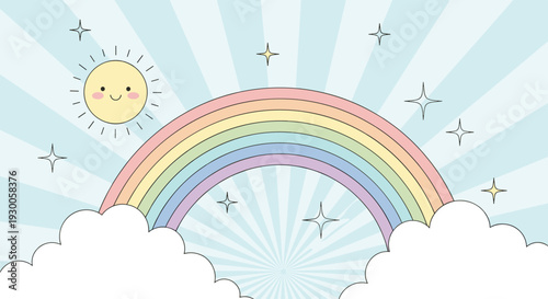 Bright colored rainbow arch stretches across a light blue sky with a smiling sun, fluffy white clouds, and twinkling stars.