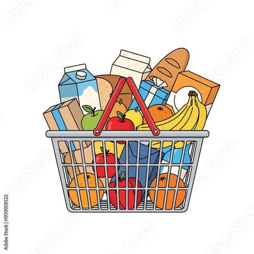 Vector illustration of a shopping basket filled with various grocery items from a close-up viewpoint.