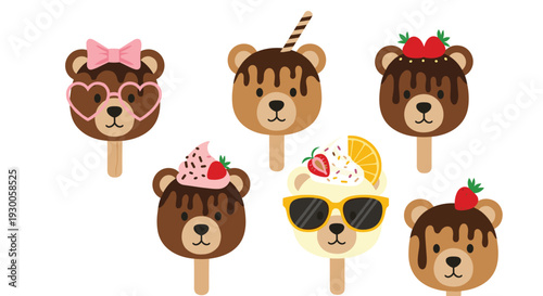Set of adorable bear shaped ice cream bars on sticks, decorated with chocolate sauce, sprinkles, strawberries, and fruit slices.