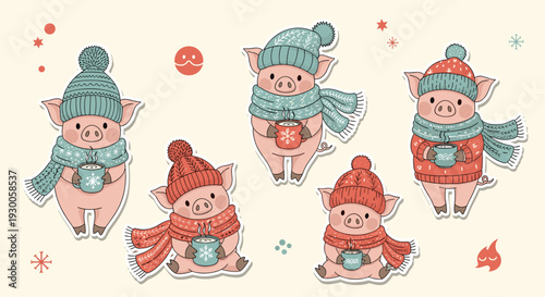 Group of five cute little pigs wearing warm winter hats and scarves, holding steaming mugs of hot cocoa on a festive background.