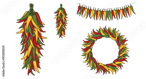 Vibrant arrangement of red, yellow, and green chili peppers shown in bunches, a hanging garland, and a circular decorative wreath.