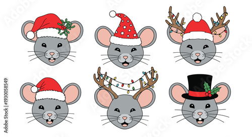Collection of cute mouse head illustrations wearing various festive hats, reindeer antlers, and colorful holiday lights for Christmas.