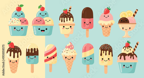 Big set of cheerful ice cream scoops and popsicles with cute faces, decorated with chocolate, fruit, and colorful sprinkles.