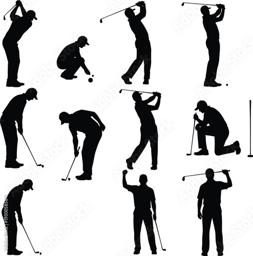 Golf Player Silhouette Vector Set Collection, Isolated Golfer Poses, Black Sports Figures Bundle