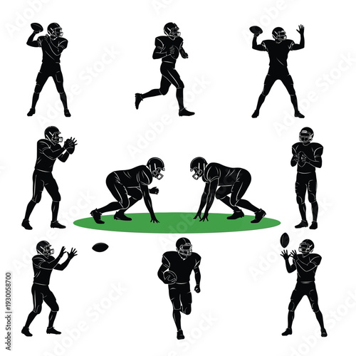 american football player vector illustration, athlete silhouette action pose, usa gridiron sport design