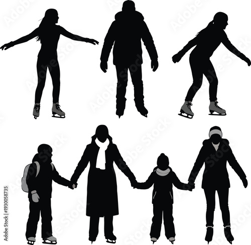 set of people skating silhouette vector, ice and roller skater collection, isolated sport action poses