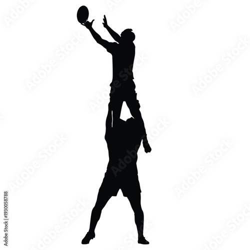 rugby line out vector illustration, players lifting jumper silhouette, isolated sport action scene