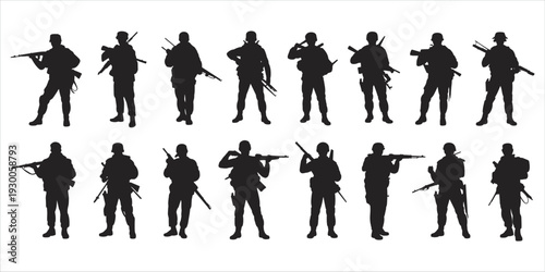Silhouettes of soldiers with rifles in various stances on white background military army