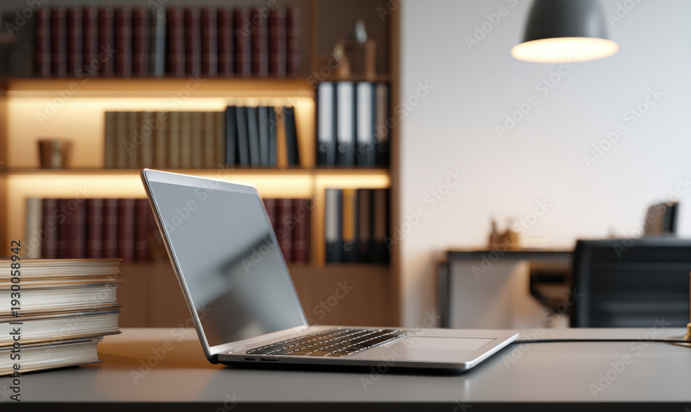 Fototapeta premium Modern laptop on office desk with stacked file folders and bookshelf background conveying productive workspace and focused mood