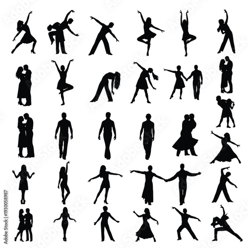set of dance people silhouette vector, dancers collection, action poses, isolated performance illustration