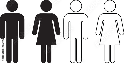 Classic male and female stick figures, solid and outlined, represent people, restrooms, and accessibility symbols
