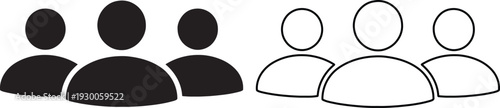 Group of three people user icons in solid black and outline versions for community representation
