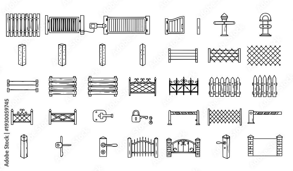 Fototapeta premium Property and construction fencing thin line editable vector icon collection