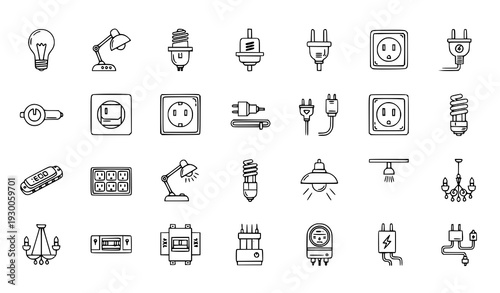 Electrical devices and home electrification thin line editable vector icon collection