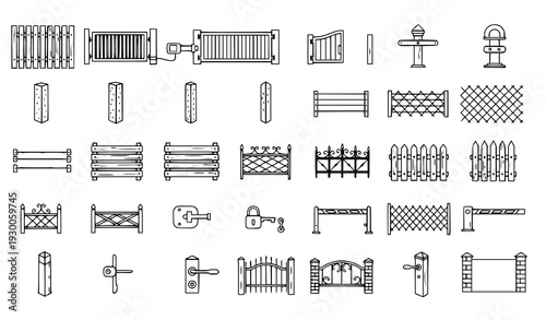 Property and construction fencing thin line editable vector icon collection