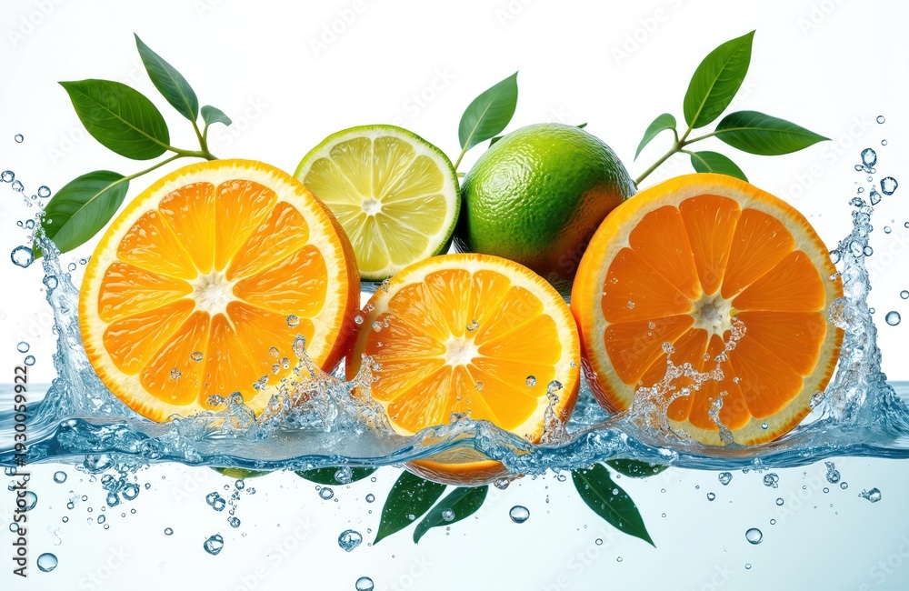 Fototapeta premium Oranges and limes splash in water with leaves. Fresh citrus fruits create healthy drink splash. Juicy, vibrant, natural, clean, pure, organic, summer refreshment.