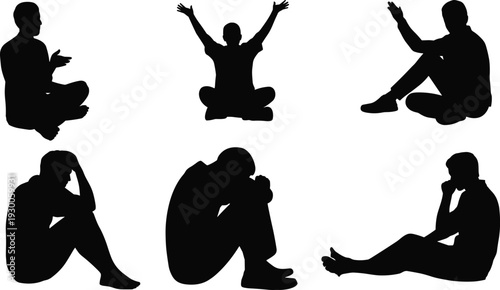 Six Silhouettes of Men in Various Seated Poses on White Background male person
