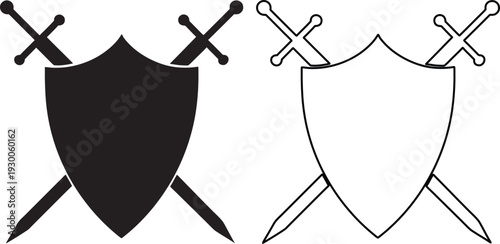 Two crossed swords behind a classic shield, presented as both solid black and outline icons for protection