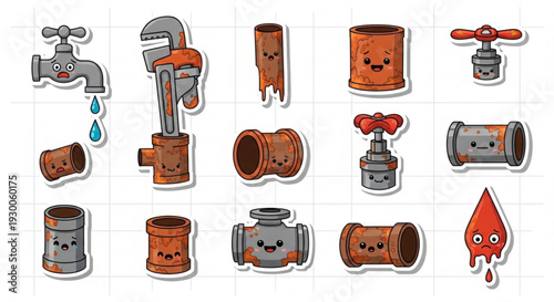 Cartoon plumbing pipes and fixtures with smiling faces water droplets and colorful designs on a white background