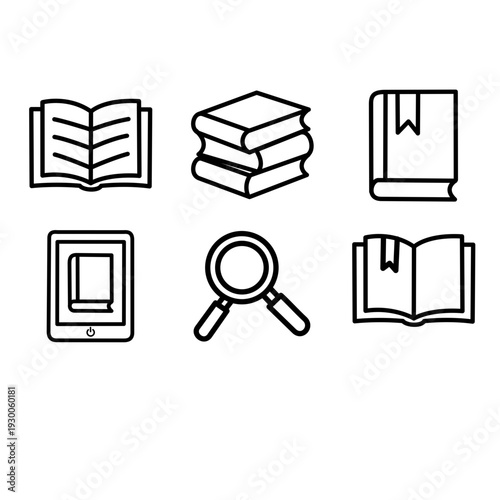 Collection of book line art icons, including open book, stack of books, e-reader, and search symbol for education, library, and learning concepts