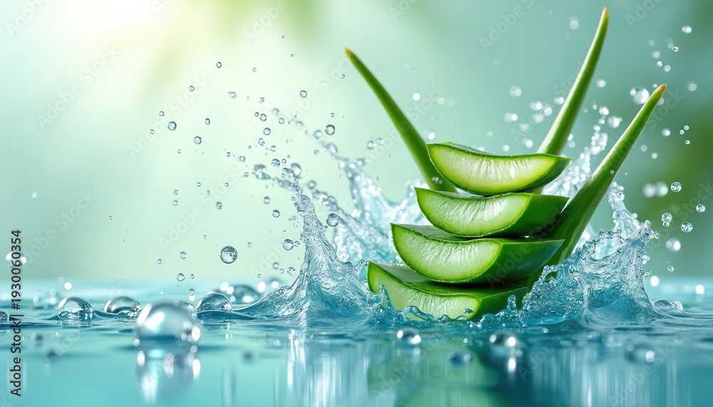 custom made wallpaper toronto digitalGreen aloe vera slices stack in water splash with bubbles. Refreshing liquid and plant offer hydration and pure natural skincare benefits. Hydration concept.