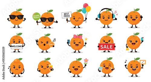 Cheerful collection of orange fruit characters displaying various emotions and actions like wearing sunglasses or holding signs.