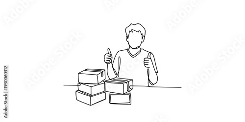 A simple line drawing of a person giving a double thumbs up behind a stack of shipping boxes. Vector, illustration
