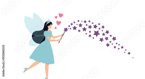 Magical fairy princess in a blue dress waves a magic wand that leaves a trail of purple stars and pink hearts on a white background.