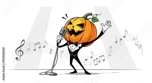 Jack-o-lantern man wearing a formal tuxedo and bowtie sings into a vintage microphone on a stage with musical notes in the air.