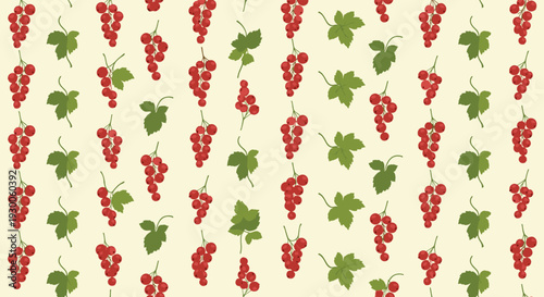 Seamless pattern features clusters of ripe red currant berries and green leaves scattered across a light cream colored background.