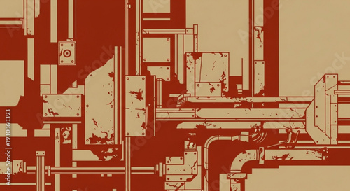 Industrial machinery with pipes and valves in a factory setting with red and beige tones