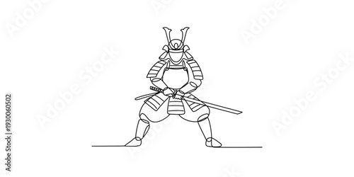 Continuous line drawing of a japanese samurai warrior in traditional armor holding a katana Vector, illustration