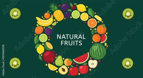 Large circular wreath design created from a wide variety of fresh natural fruits like pineapple, watermelon, and grapes on dark green.