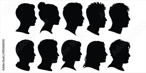 Ten black silhouettes of diverse human heads in profile view on white background Keywords: silhouette, profile, head, face