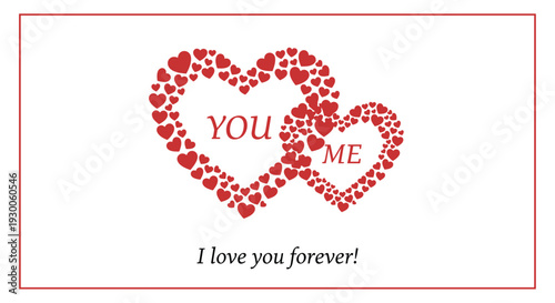 Two interlocked hearts composed of tiny red heart shapes with text expressing eternal love for a romantic greeting.