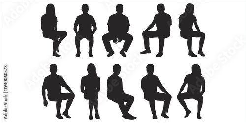 Ten Black Silhouettes of People Sitting in Various Poses on White Background Keywords: silhouette, people, sitting, group