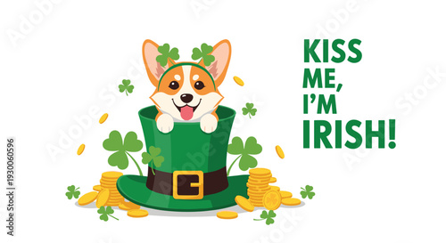 Adorable corgi dog peeking from a leprechaun hat surrounded by gold coins for a lucky Saint Patrick Day theme.
