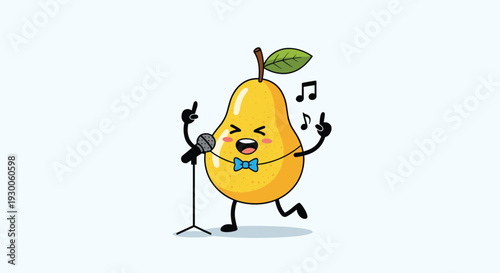 Musical pear character wearing a blue bowtie and singing with passion into a microphone on a light blue background.