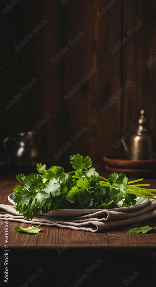 Fototapeta premium Coriander, on matte ceramic plate, top copy space