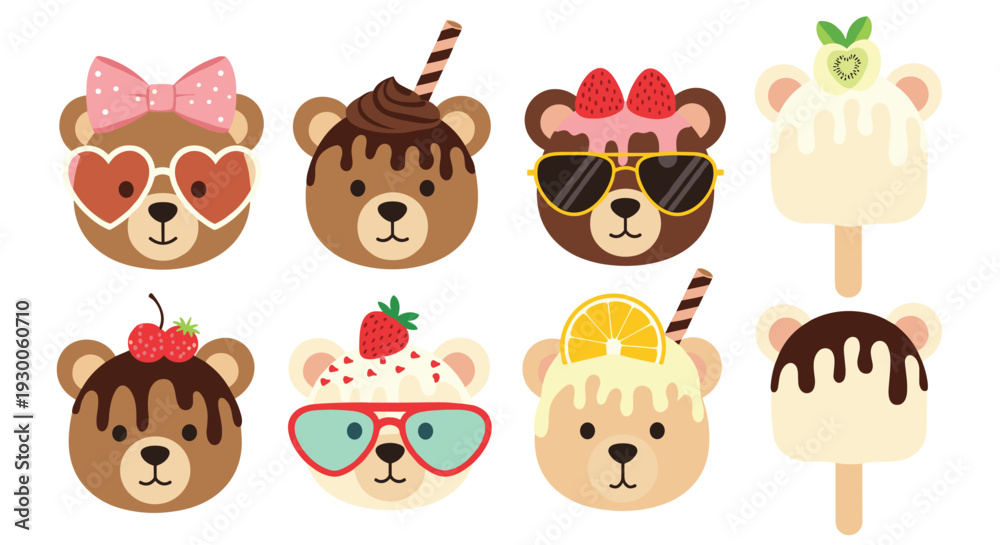 Obraz premium Assortment of bear shaped desserts including ice cream bars and decorated heads with various sweet toppings and fruit.