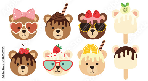 Assortment of bear shaped desserts including ice cream bars and decorated heads with various sweet toppings and fruit.